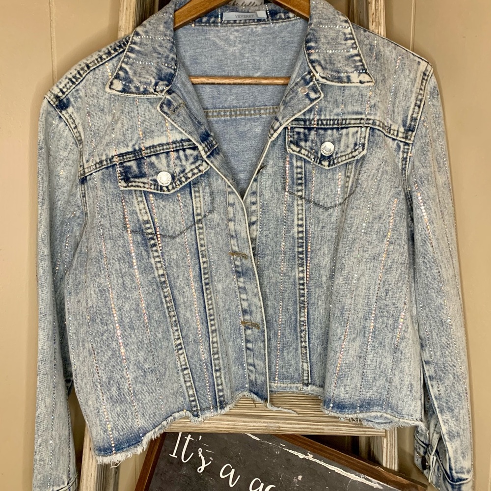 Denim jacket with super cute rhinestone details!